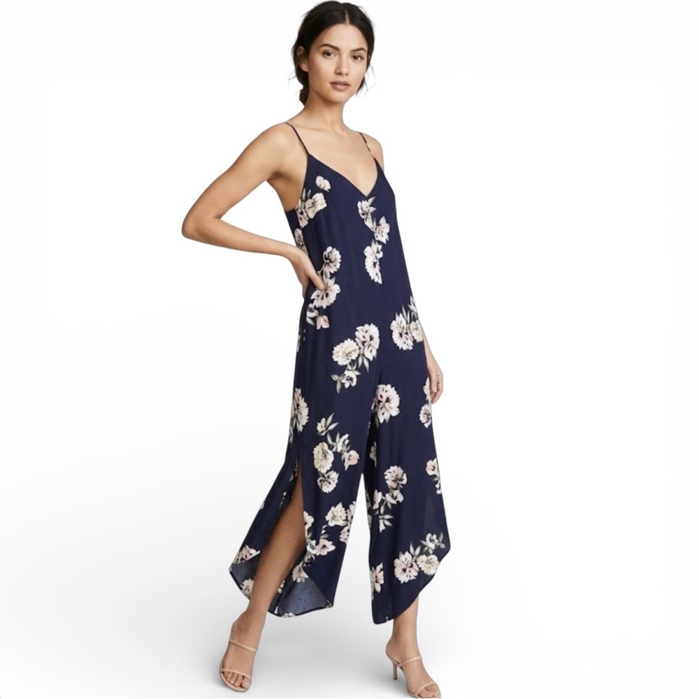 Xhilaration Navy Blue Floral Wide Leg Split Hem Ankle Length Jumpsuit S Boho